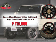 Load image into Gallery viewer, 5zigen Gloss Black w/ Milled Red &amp; Toyo Tires 235/70/16 RT set of 5
